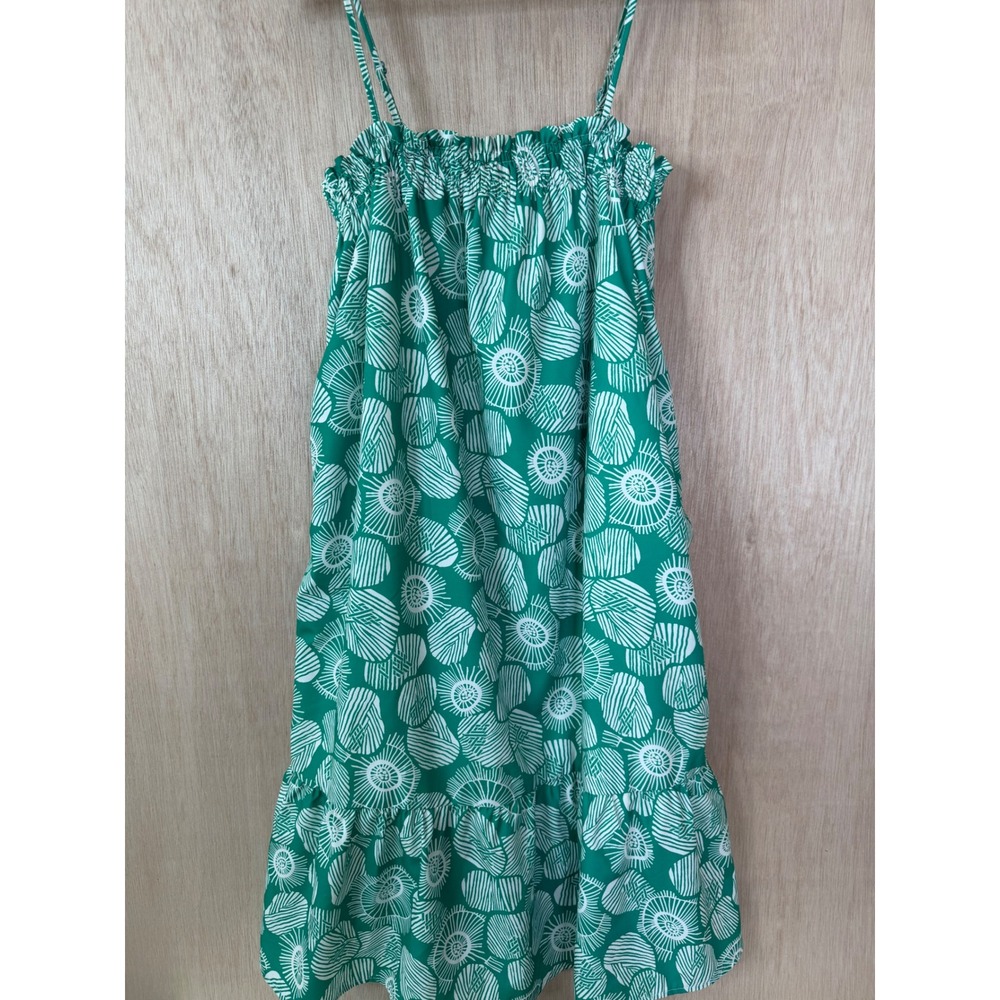THML Green White Abstract Floral Smocked Midi Dress Small Adjustable Straps